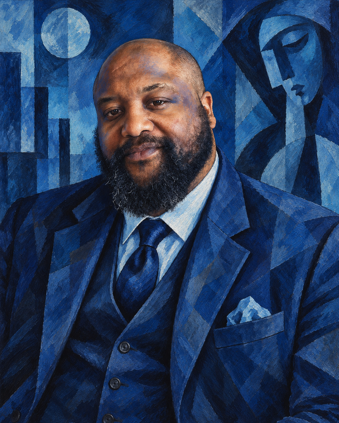 Portrait of Sage in a blue three-piece suit